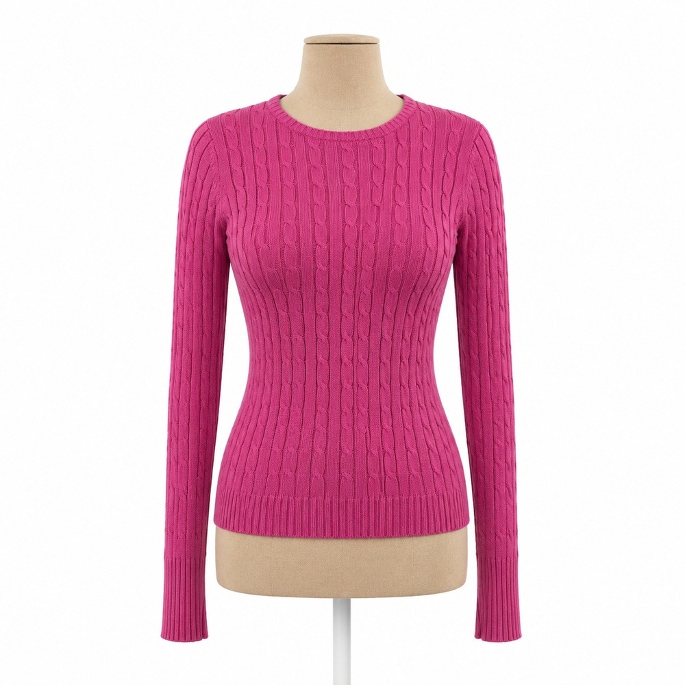 Vintage Y2K Ribbed Cable Knit Sweater Sz S Pink Crew Neck Preppy Cotton Classic